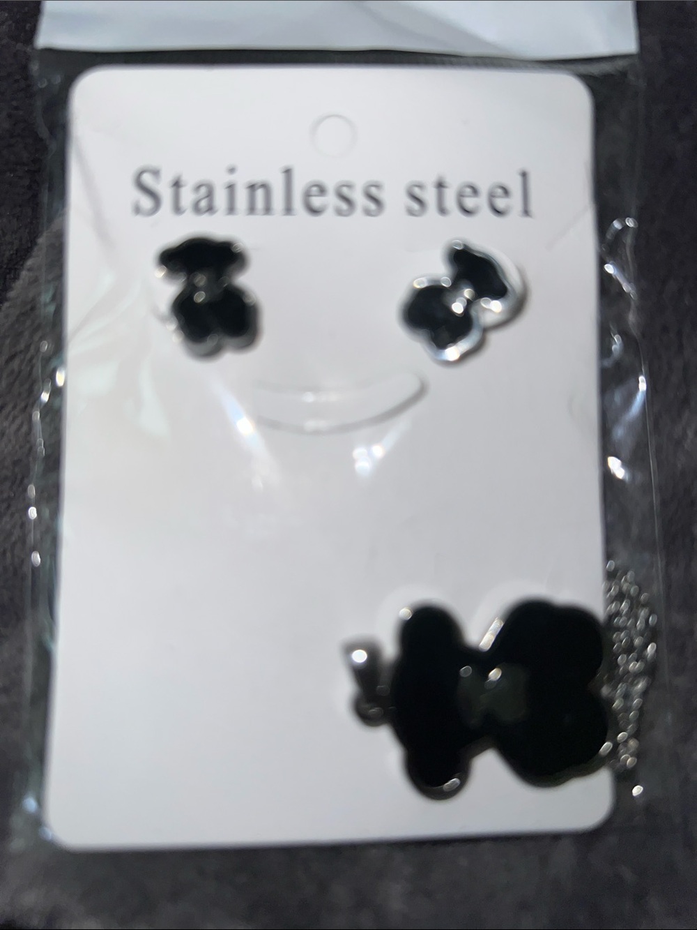 Black Stainless Steel Bear Earrings and Pendant Set